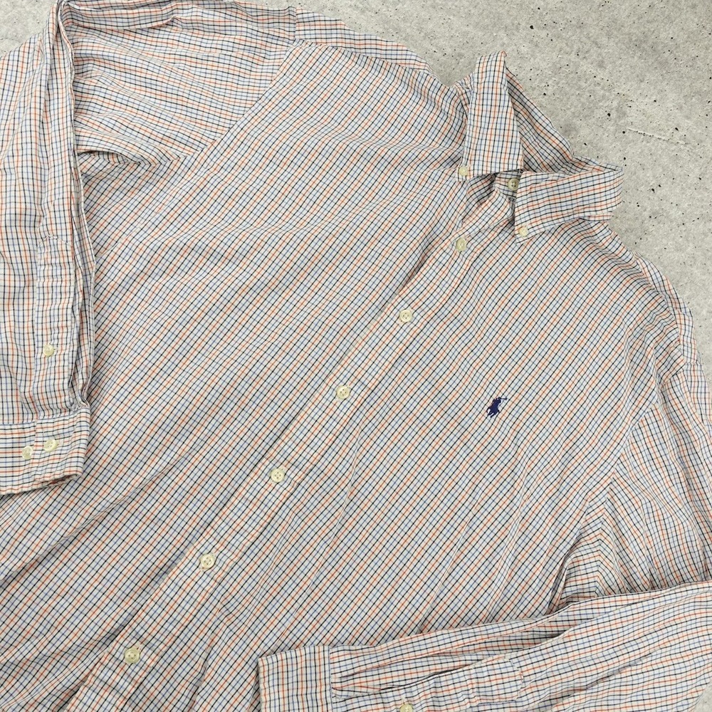 Polo Ralph Lauren Button Down Mens 17 34/35 Orange Blue Tattersall Classic Fit